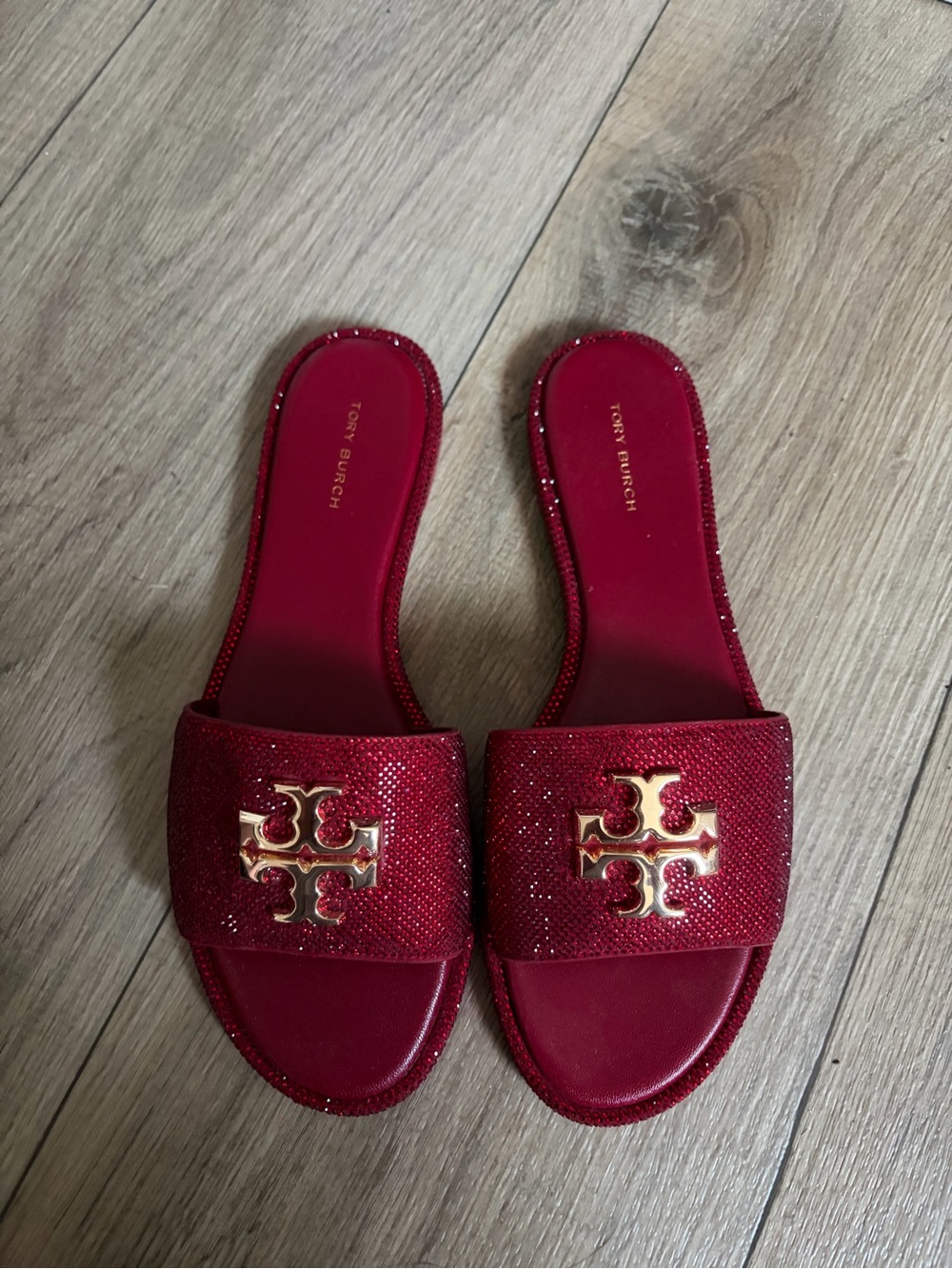 Tory Burch Red Glitter Logo Slide Sandals